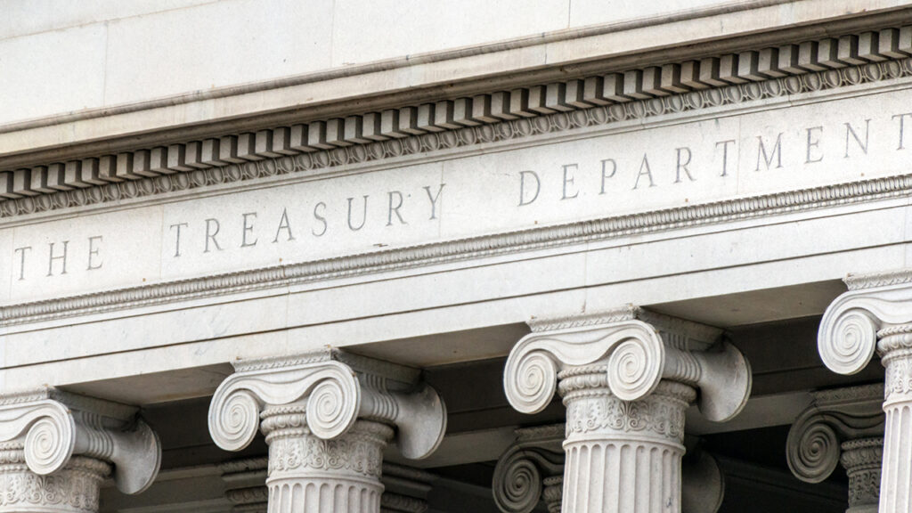 US treasury department sign in Washington dc building facade